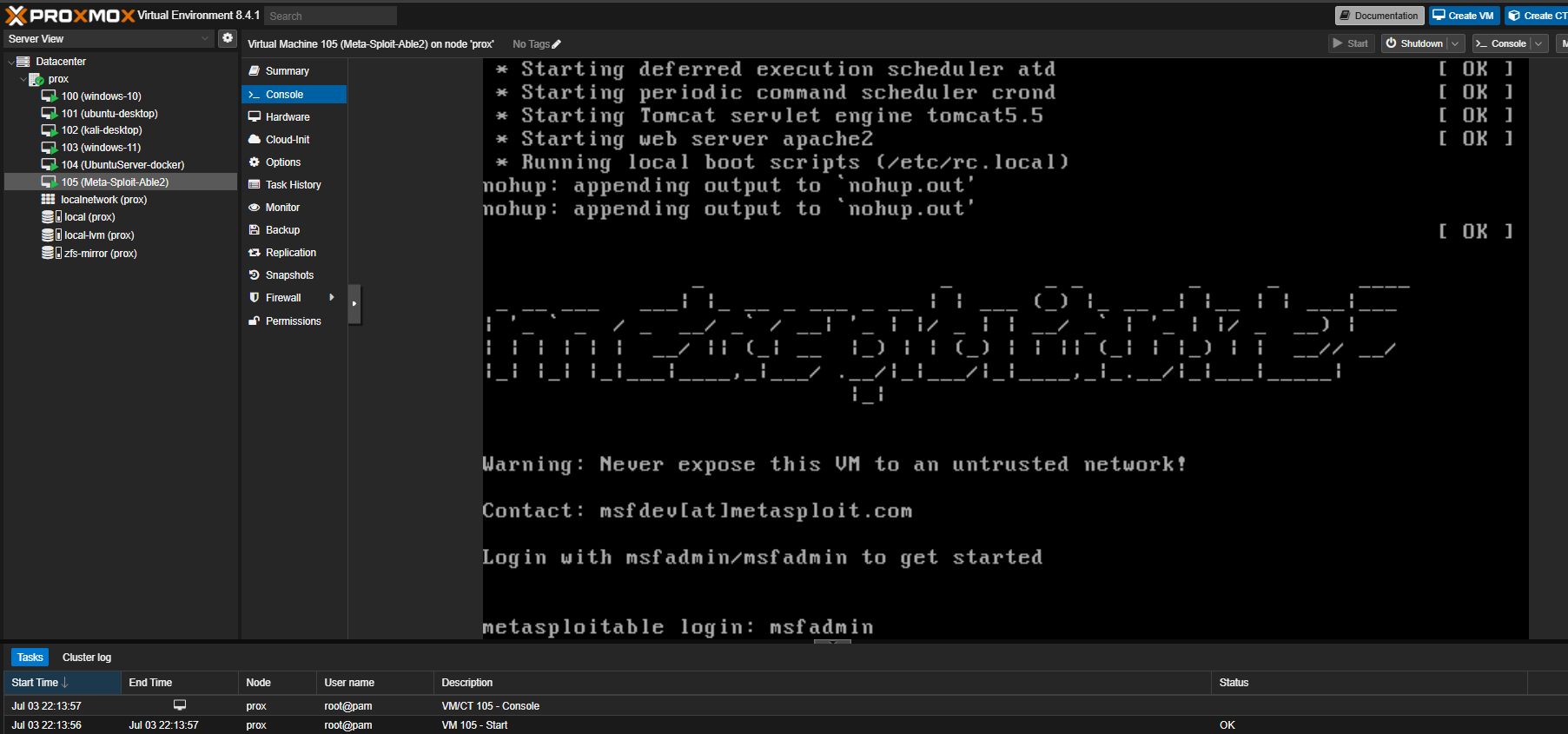21 AFTER PARROT metasploitable now started properly